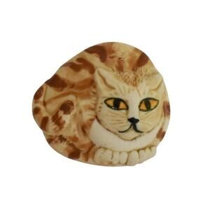 1990s Carol Halmy Painted Porcelain Orange Tabby Cat Figural Artisan Pin Brooch